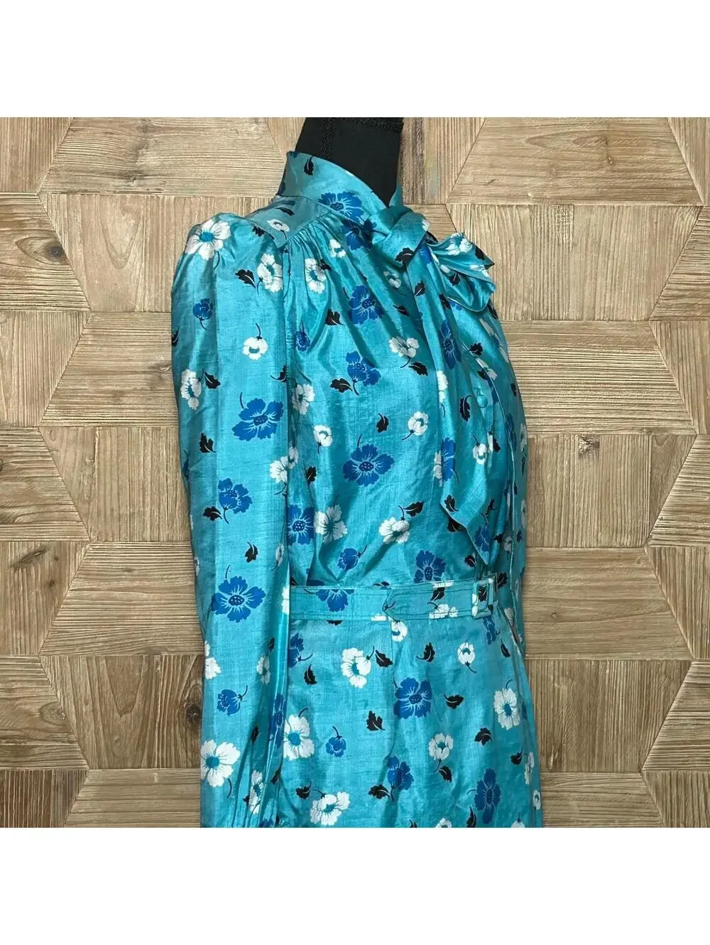Women's Vintage Blue Floral Long Sleeve 2 Piece Set Silk 80s Fashion Retro S/M